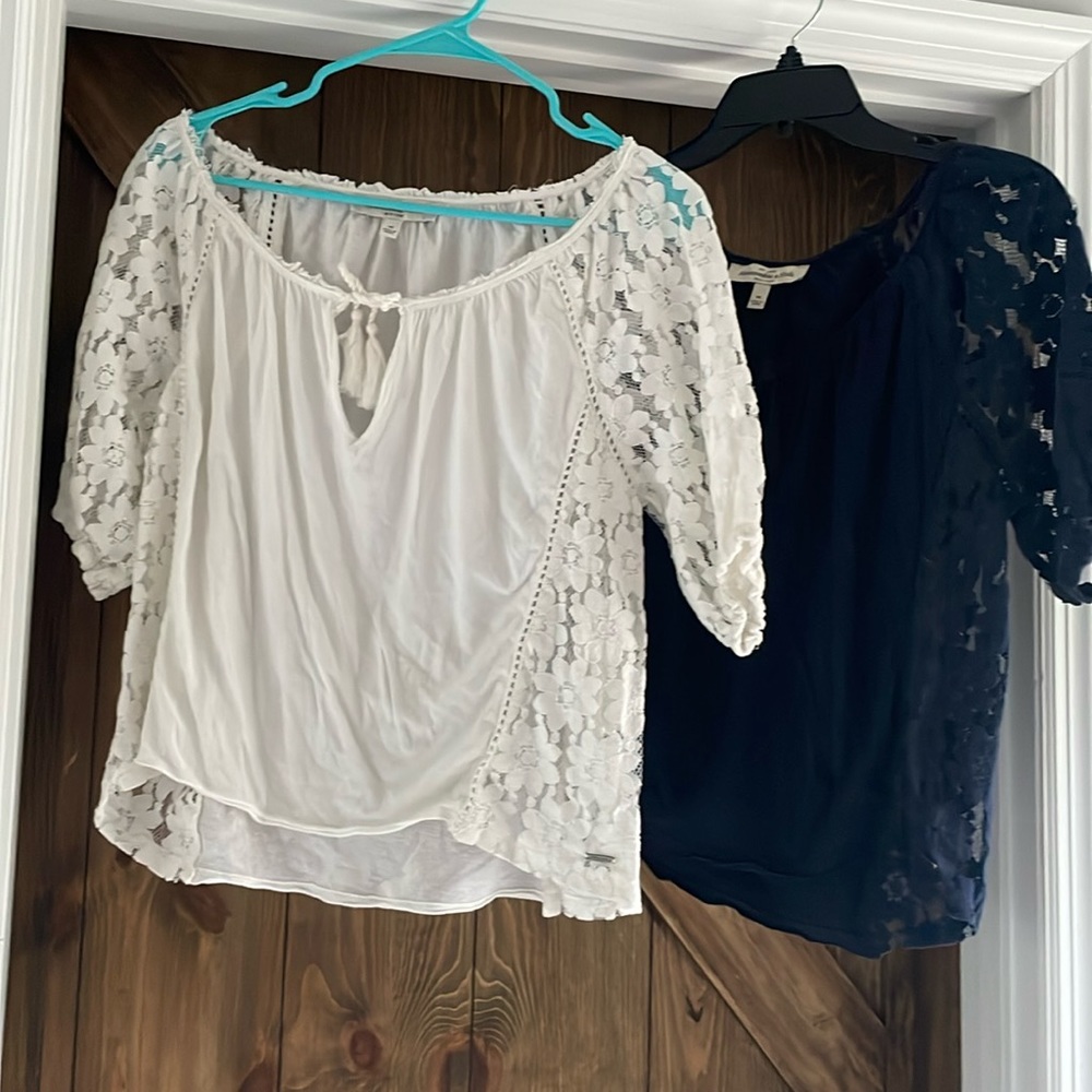 Two Abercrombie T shirts with lace insets rope tie detail